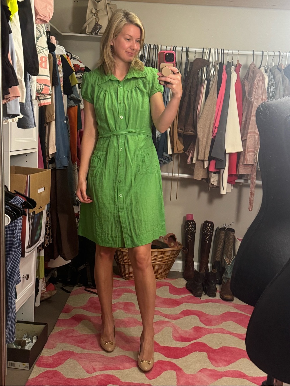 NY Collection Green Button-Front Tie-Waist Midi Dress
